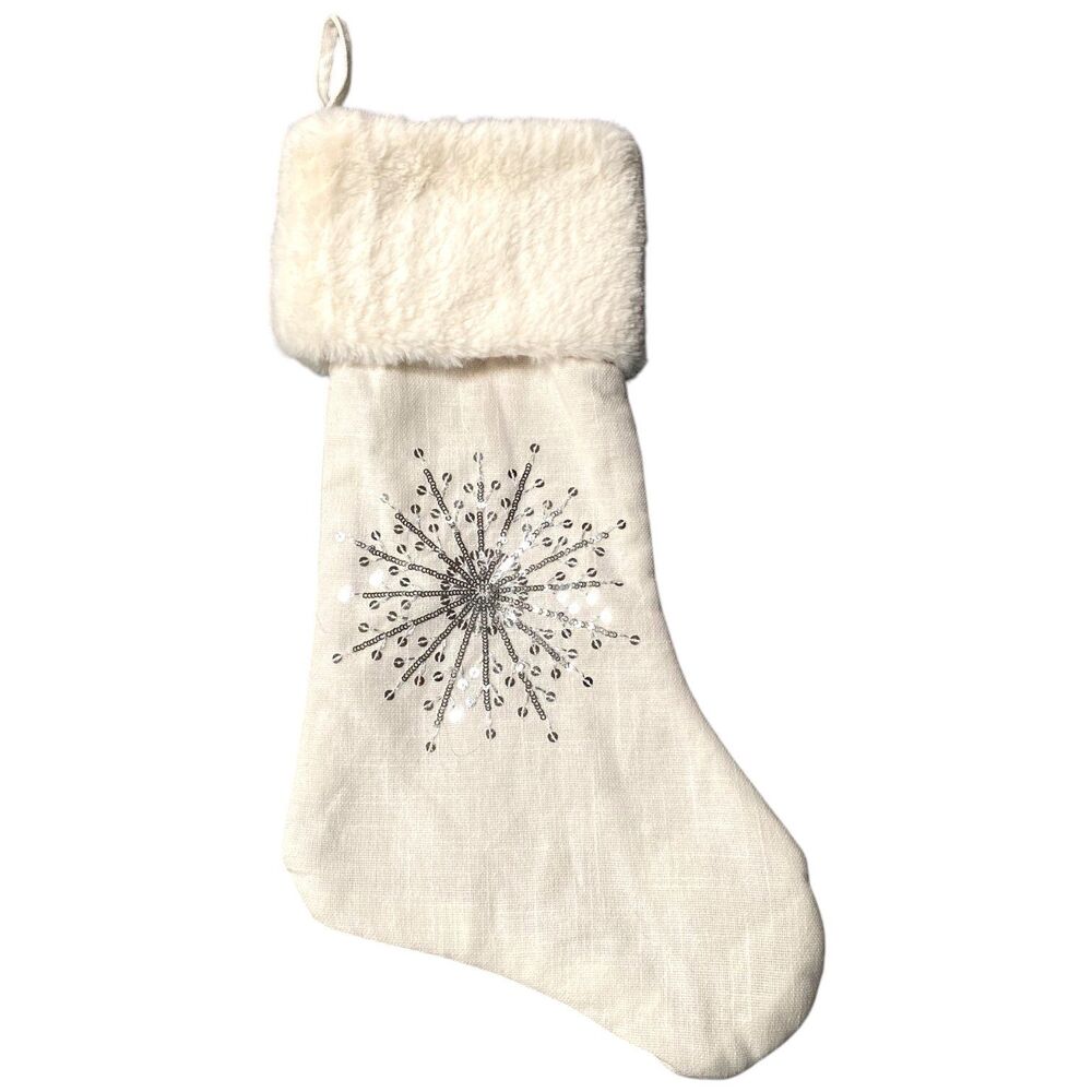 Gigi Seasons Christmas Stocking 18" White Fur Linen Silver Sequin Snowflake NWOT